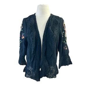 Christina Rotelli Crocheted Cardigan Vtg Sz XL‎ Black Jeweled Open Front Whimsy